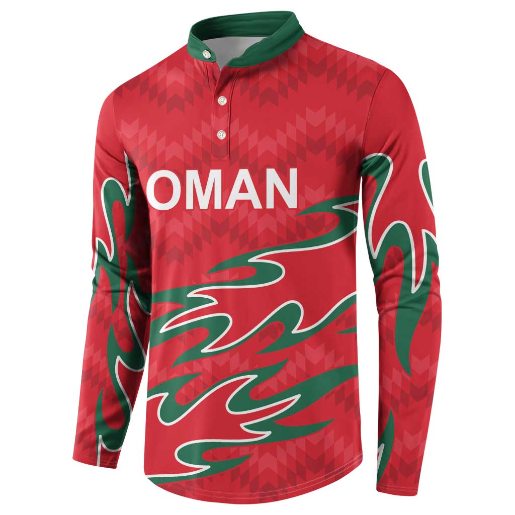 Red cricket button sweatshirt with green side flame graphics and OMAN logo, long sleeves