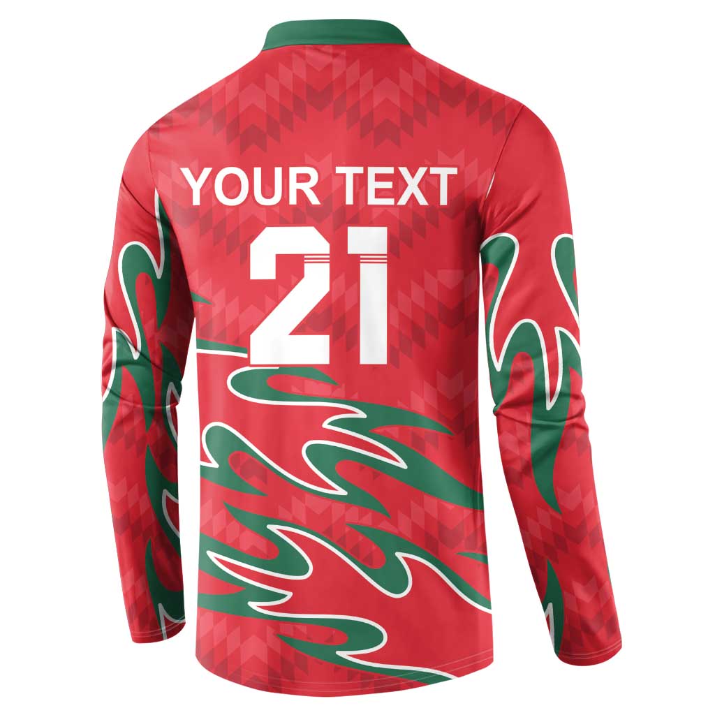 Red cricket button sweatshirt back with YOUR TEXT 21 and green flame design