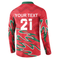 Red cricket button sweatshirt back with YOUR TEXT 21 and green flame design