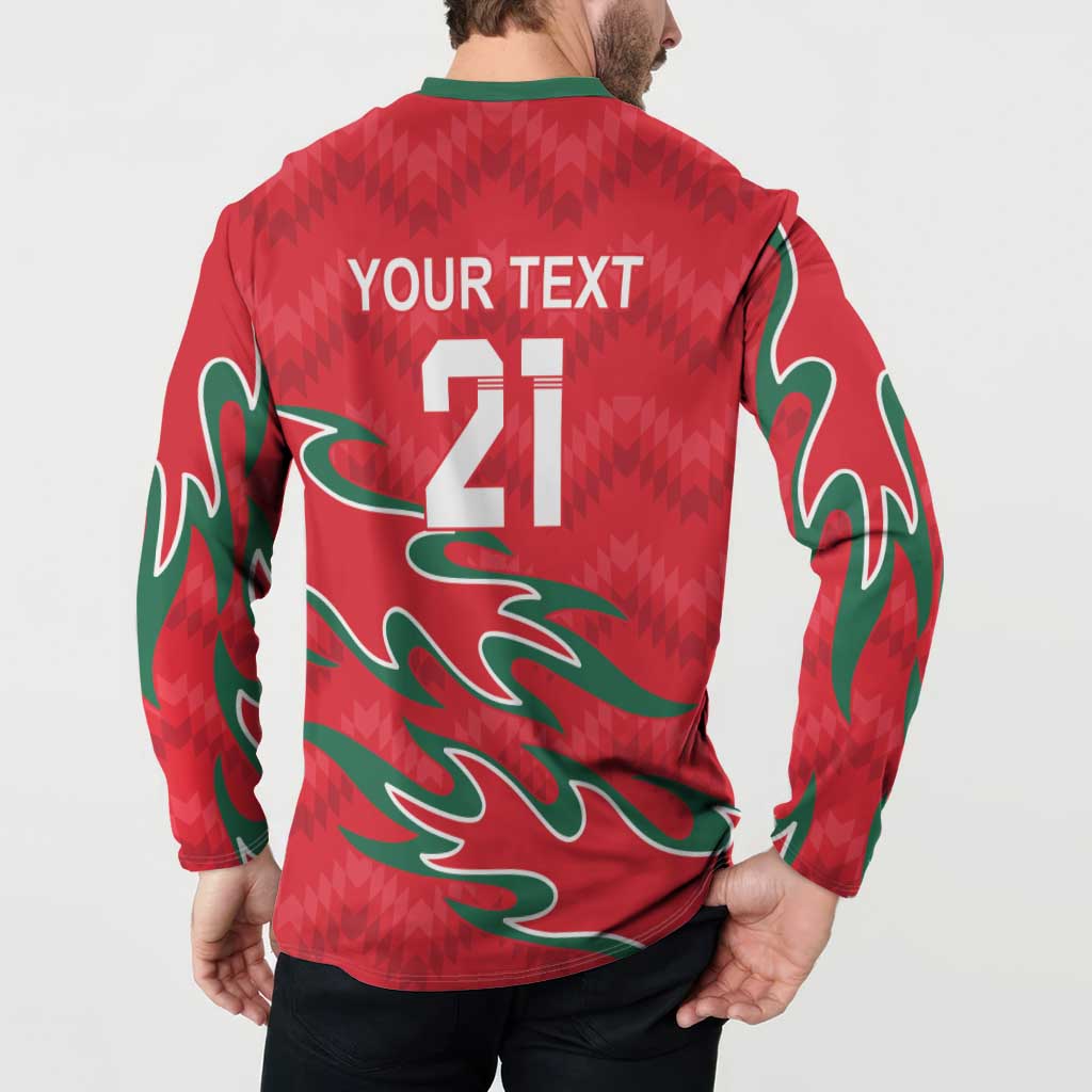 Red cricket button sweatshirt back with YOUR TEXT 21 and green flame design, worn