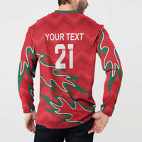 Red cricket button sweatshirt back with YOUR TEXT 21 and green flame design, worn