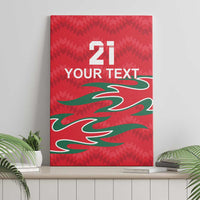 Red canvas wall art with 21 and custom text over green wave graphic, unframed