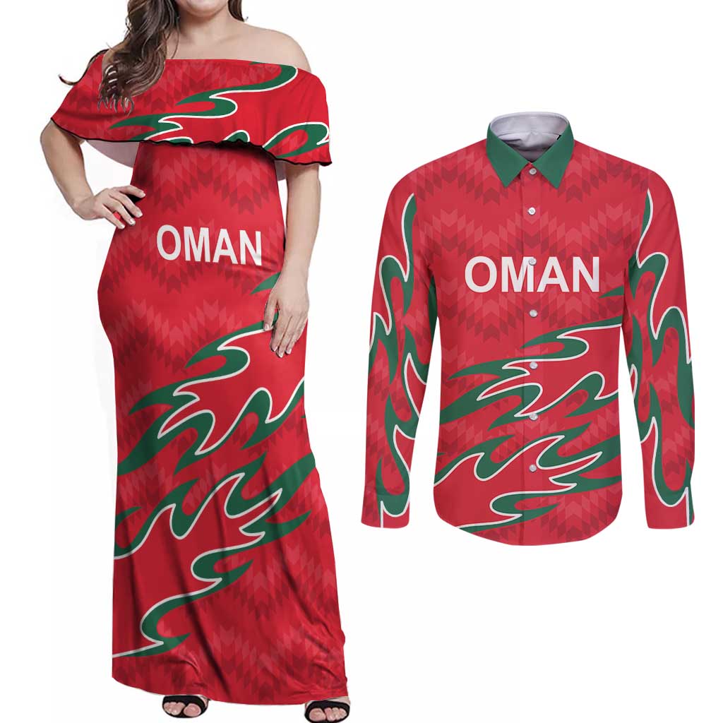 Custom Oman Cricket Couples Matching Off Shoulder Maxi Dress and Long Sleeve Button Shirt 2016 Vintage Away Retro LT9 - Wonder Print Shop