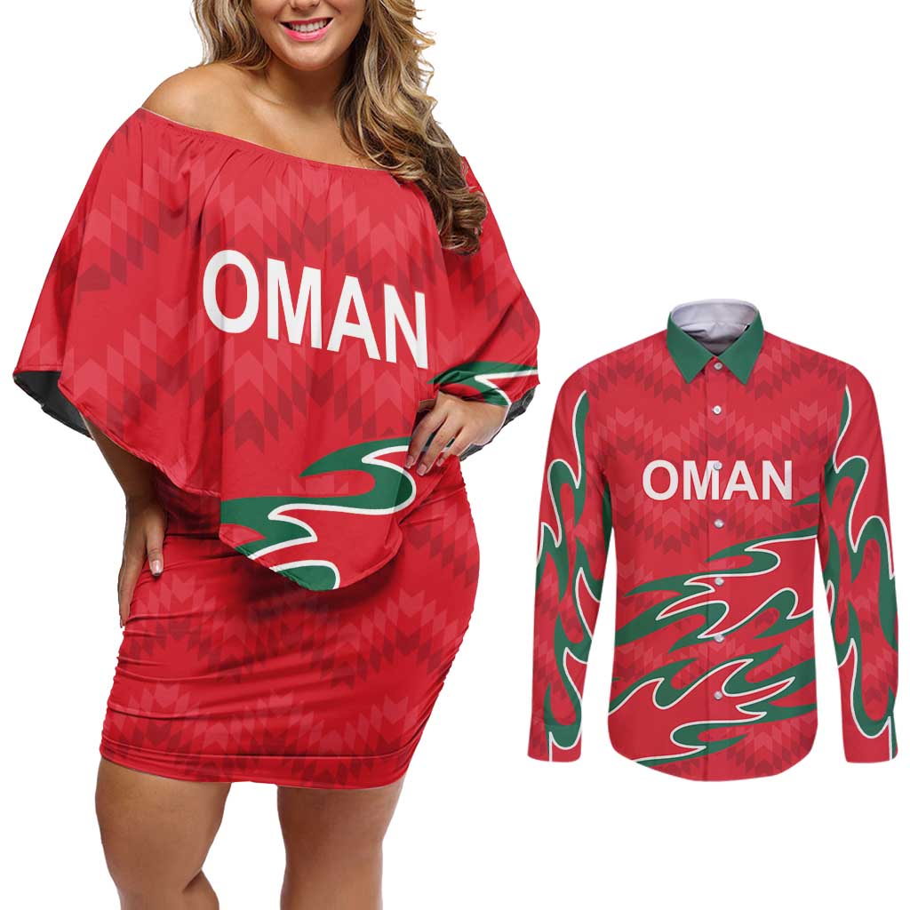 Custom Oman Cricket Couples Matching Off Shoulder Short Dress and Long Sleeve Button Shirt 2016 Vintage Away Retro LT9 - Wonder Print Shop