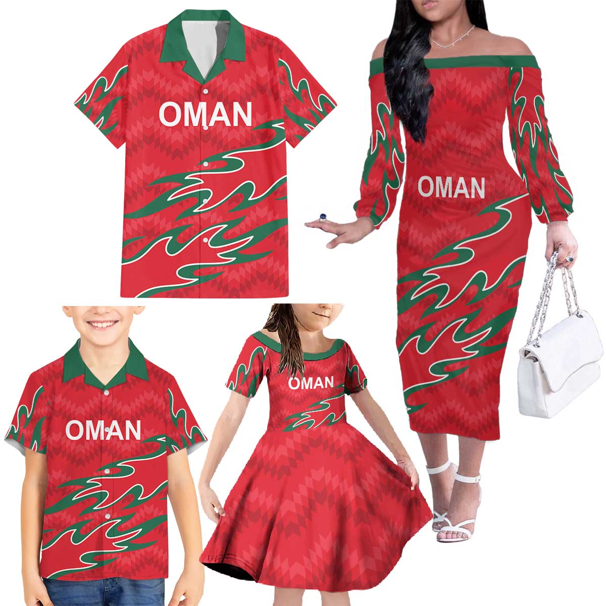 Custom Oman Cricket Family Matching Off The Shoulder Long Sleeve Dress and Hawaiian Shirt 2016 Vintage Away Retro - Wonder Print Shop