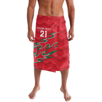 Red patterned cricket shorts with teal flame graphic, number 21 and custom text
