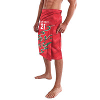 Red patterned cricket shorts with teal flame design, number 21 and custom text