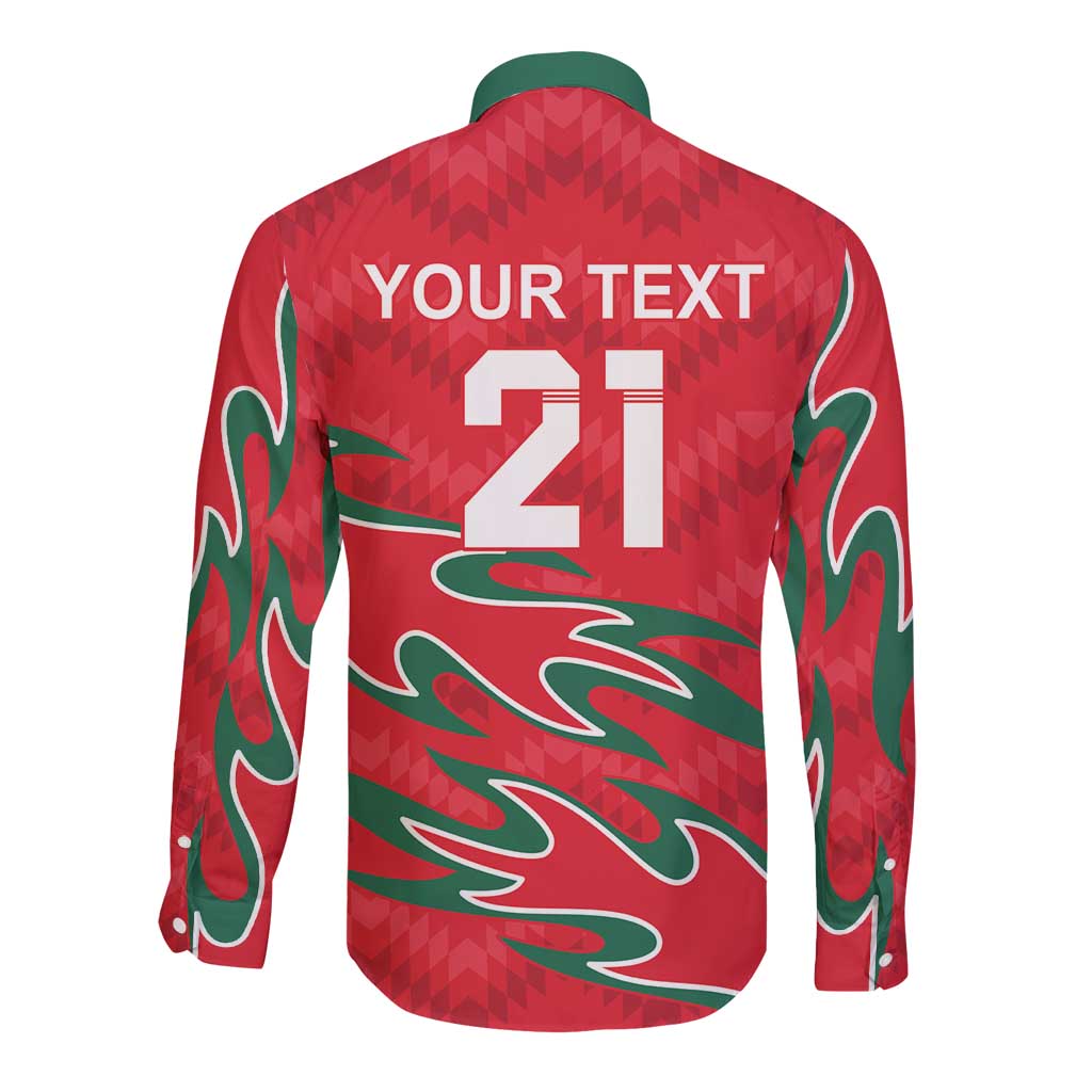 Red long sleeve button cricket shirt back with green collar, YOUR TEXT 21 and flame art