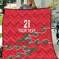 Red quilt with diamond stitching, number 21 and YOUR TEXT, green dragon pattern