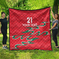 Red quilt hanging outdoors, diamond quilting, number 21, YOUR TEXT, green dragon design