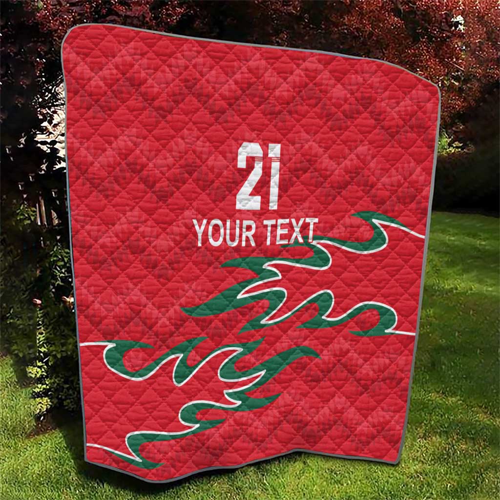 Red diamond-quilted throw with number 21, YOUR TEXT, and green dragon motif