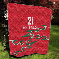 Red diamond-quilted throw with number 21, YOUR TEXT, and green dragon motif