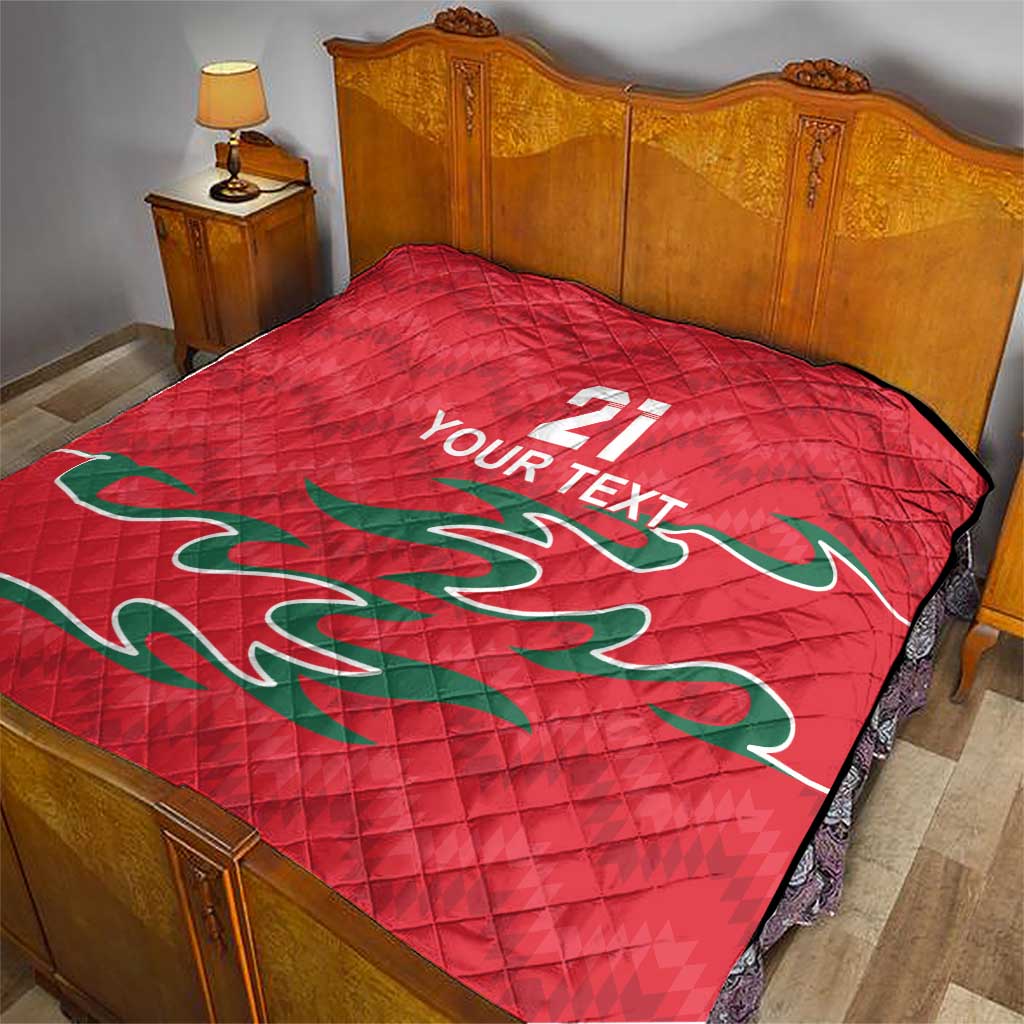 Red quilt blanket on bed, diamond stitching, number 21 and YOUR TEXT, green dragon art