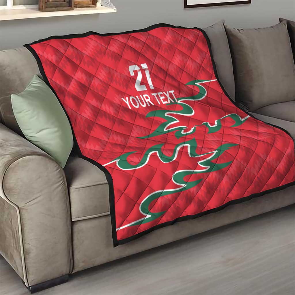 Red quilt over sofa, diamond stitch pattern, number 21, YOUR TEXT, green dragon design