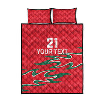Red quilt duvet cover with green dragon graphic, '21 YOUR TEXT' text, plus two matching shams