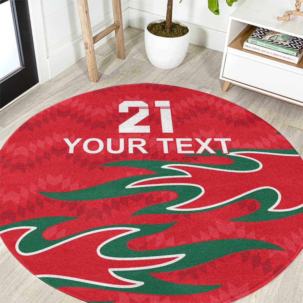 Red round carpet with 21 and 'YOUR TEXT' plus green graphic