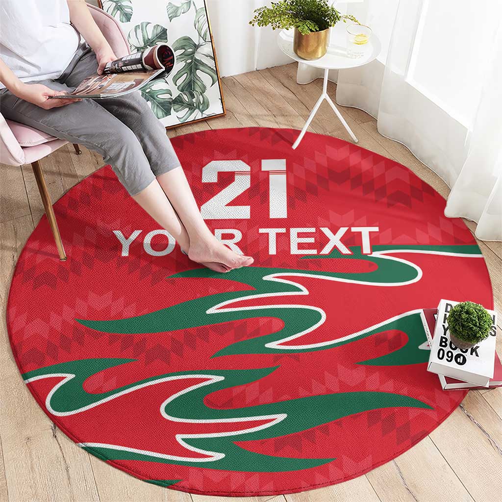 Red round carpet with 21 and 'YOUR TEXT' and green graphic, shown on floor