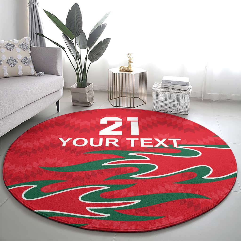 Red round carpet with 21 and 'YOUR TEXT' and green graphic, centered