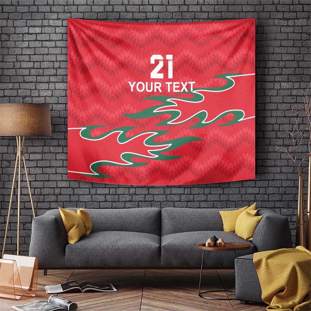 Red cricket tapestry with number 21, 'YOUR TEXT,' and green flame-like graphic