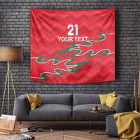 Red cricket tapestry with number 21, 'YOUR TEXT,' and green flame-like graphic