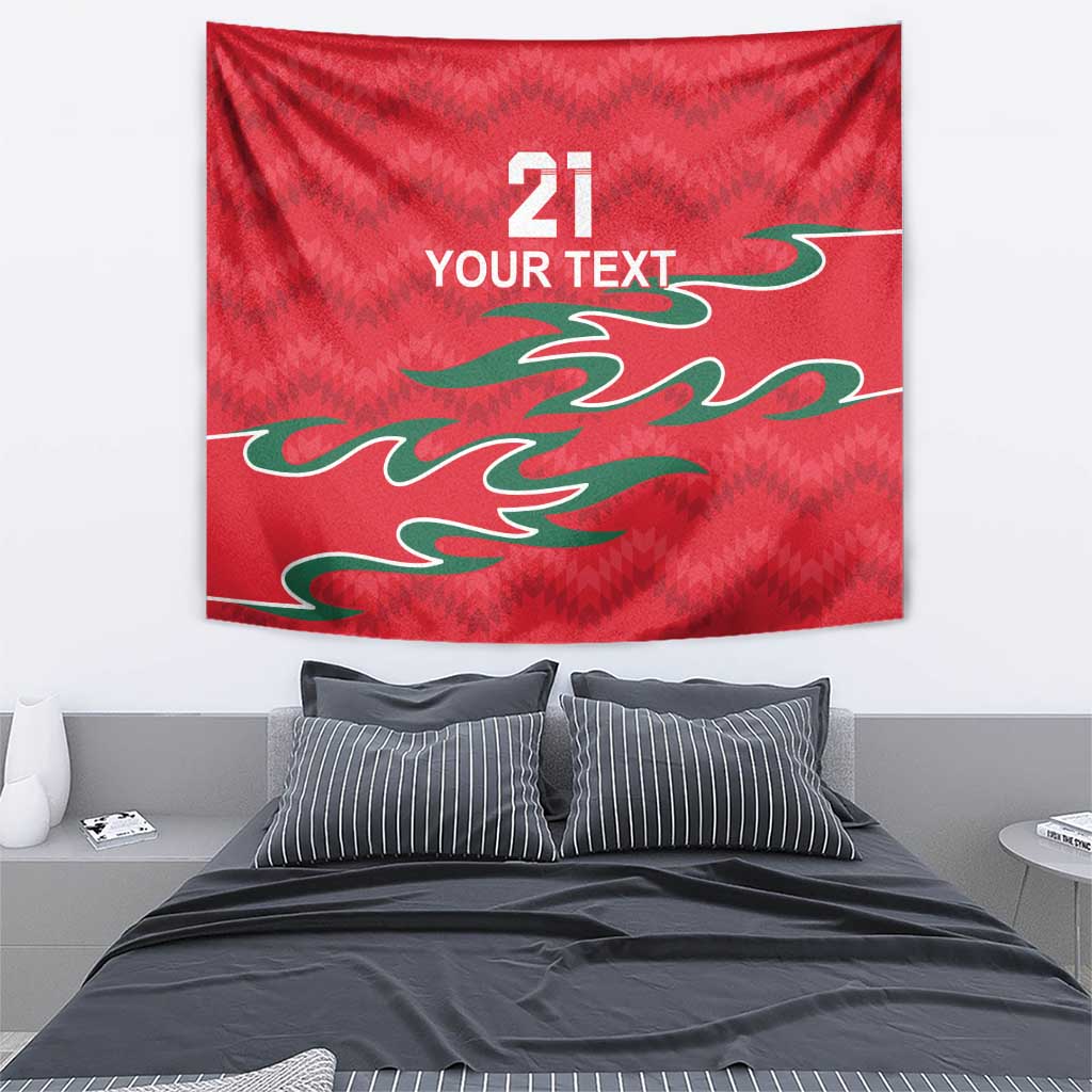 Red wall tapestry with number 21, 'YOUR TEXT,' and green flame-like emblem
