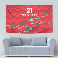 Red cricket tapestry with 21, 'YOUR TEXT,' and green flame-like artwork