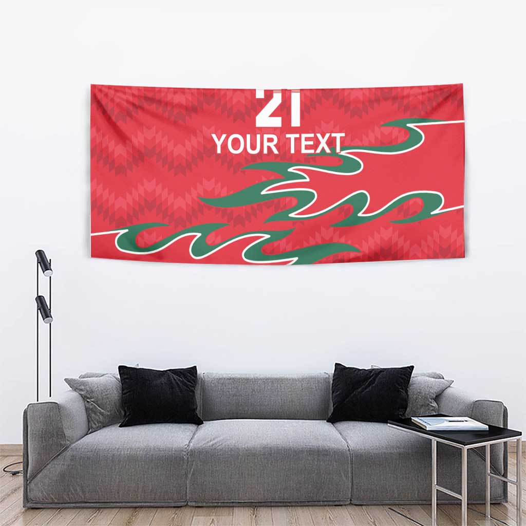 Red tapestry featuring 21, 'YOUR TEXT,' and green flame-like graphic