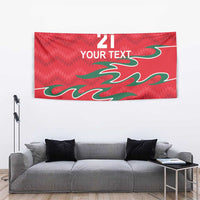 Red tapestry featuring 21, 'YOUR TEXT,' and green flame-like graphic