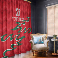 Red custom window curtain with green wave design and “YOUR TEXT” area, single panel view.