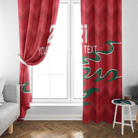 Red custom window curtain panels with green wave pattern, side view near white window.