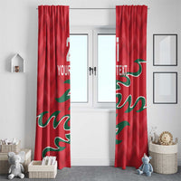 Red custom window curtains with green wave artwork and “YOUR TEXT” on two panels.