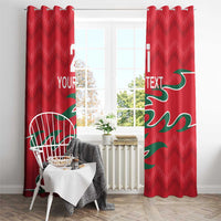 Red custom curtain pair with green wave motif and “YOUR TEXT”, shown on both sides.
