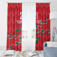 Red custom curtain set with green wave design and “YOUR TEXT” area, wider room view.