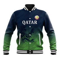 Green-and-navy cricket baseball jacket with QATAR print, striped ribbed collar and cuffs
