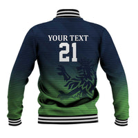 Back view: green-and-navy jacket with YOUR TEXT 21, lion graphic, striped ribbed collar