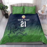 Cricket bedding set: green and navy duvet cover with 'YOUR TEXT 21' and matching pillowcases