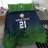 Green and navy duvet cover with lion graphic, 'YOUR TEXT' and number 21, with 2 pillowcases