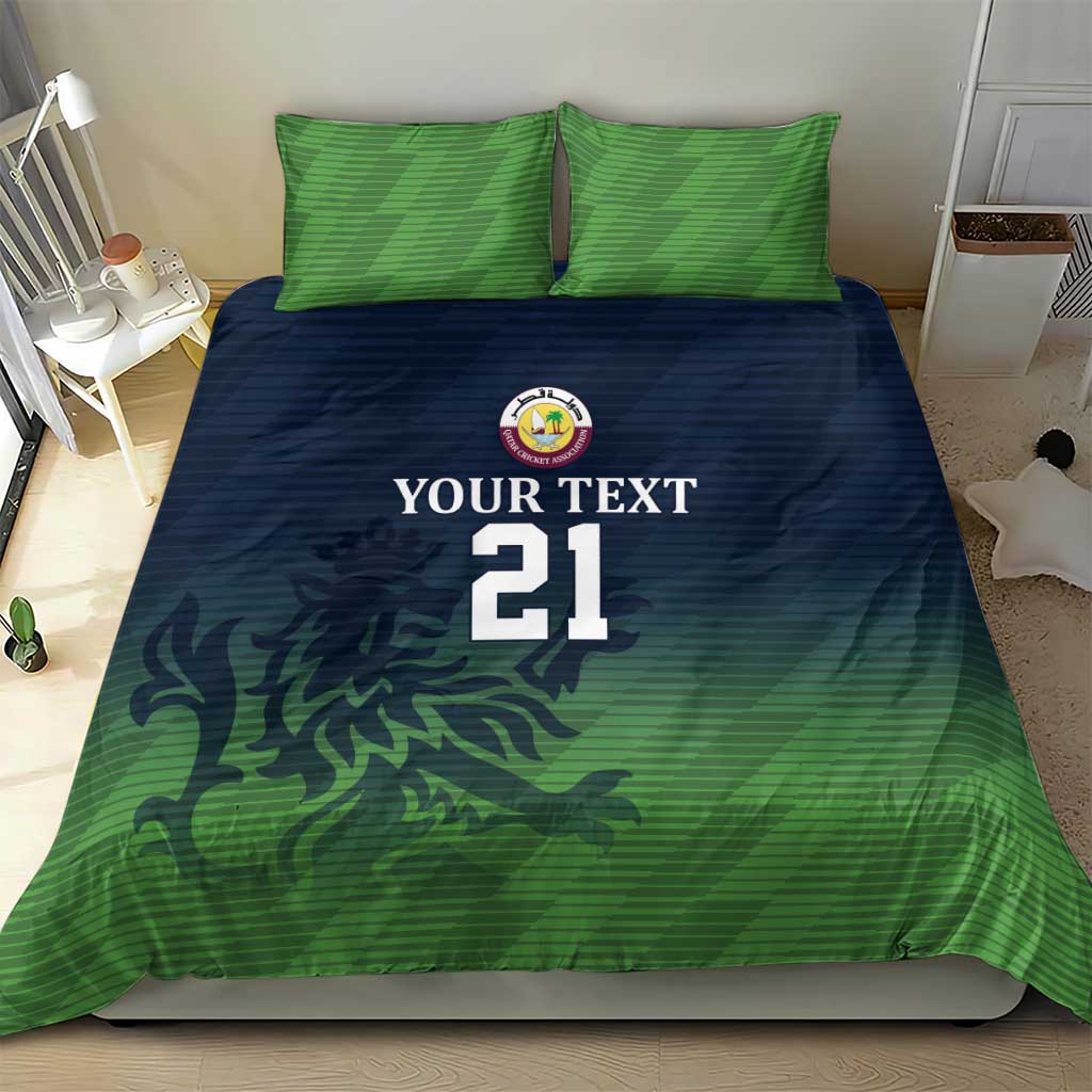 Sporty green and navy bedding set featuring 'YOUR TEXT' and '21' on duvet cover and pillowcases