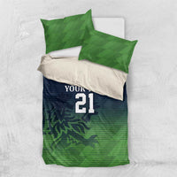 Duvet cover bedding set in green and navy with 'YOUR TEXT 21' and two green pillowcases