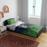 Green and navy cricket bedding set with 'YOUR TEXT' and number 21 on duvet cover, with 2 pillowcases