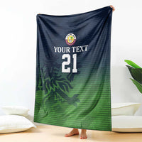 Cricket blanket with navy-to-green camo pattern, crest logo, "YOUR TEXT" and 21