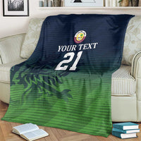 Cricket blanket draped with navy-to-green camo pattern, crest logo and "YOUR TEXT" 21