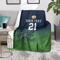 Cricket blanket with navy-to-green camo pattern, printed "YOUR TEXT" and 21