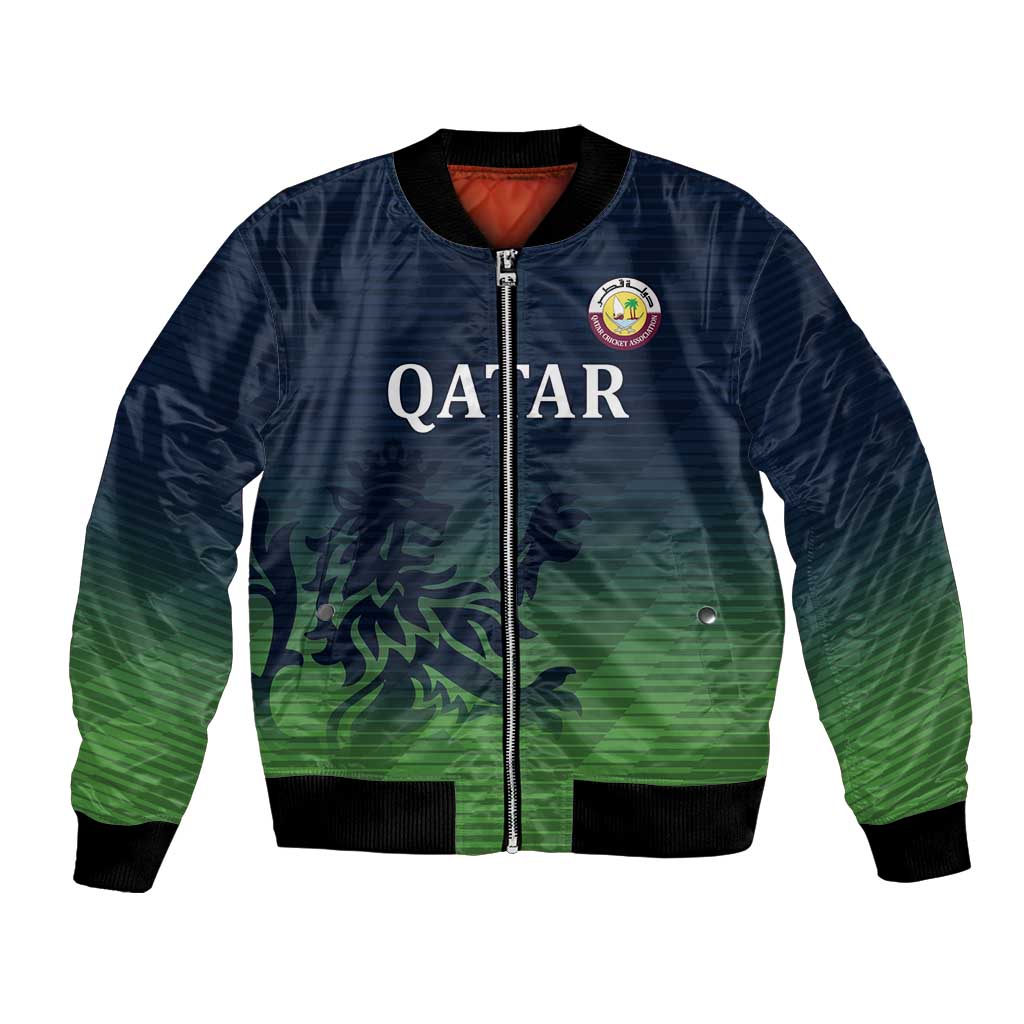 Unisex bomber jacket, full-zip, QATAR front print, ribbed cuffs, green/navy camo