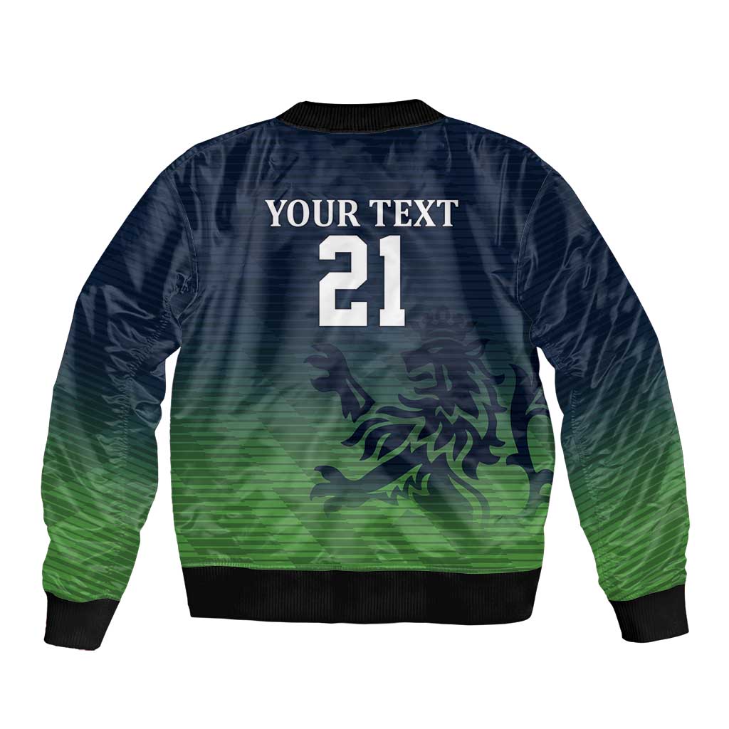 Unisex bomber jacket back with 'YOUR TEXT' and number 21, green/navy camo pattern