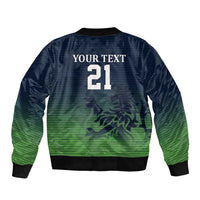 Unisex bomber jacket back with 'YOUR TEXT' and number 21, green/navy camo pattern