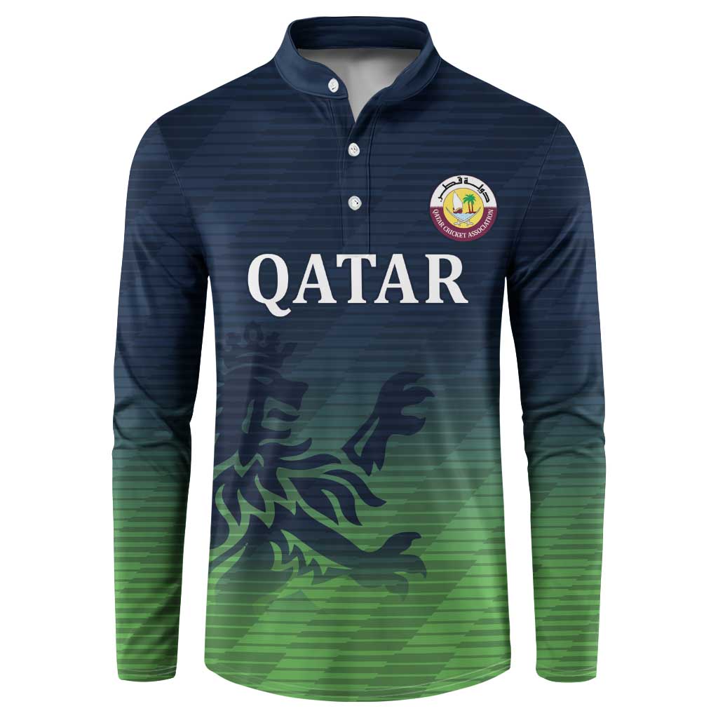 Cricket button sweatshirt with Qatar logo, navy-to-green gradient and sporty pattern