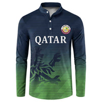 Cricket button sweatshirt with Qatar logo, navy-to-green gradient and sporty pattern