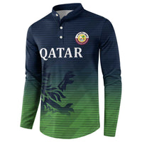 Cricket button sweatshirt front view with Qatar text, navy-to-green sporty gradient