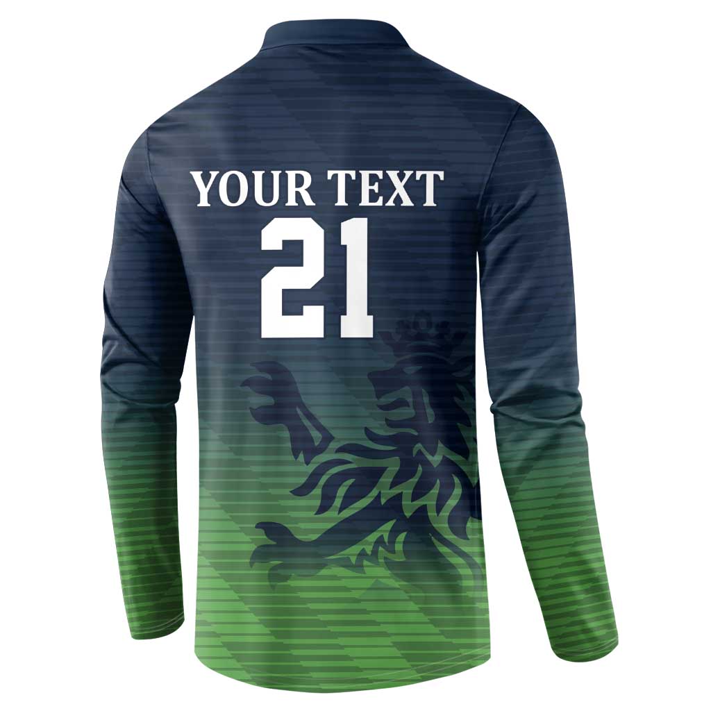 Cricket button sweatshirt back panel with Your Text 21, navy-to-green gradient pattern